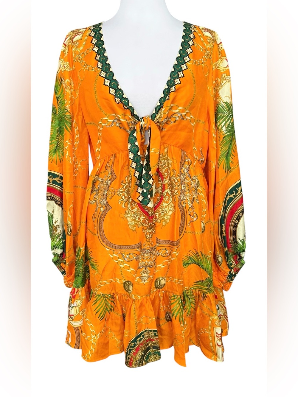 CAMILLA Silk Tie Front Blouson Mini Dress Dancing With The Bulls Size Large NEW